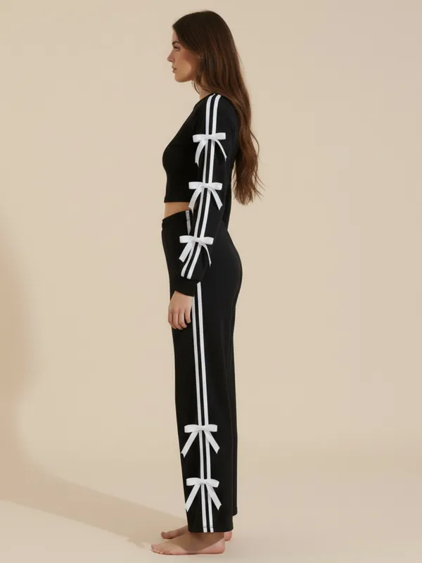 Ekeshwara_Black_Crop_Top_and_Wide-Leg_Pants_Set_with_Ribbon_Detail|_Model_Height_5.8inch_,_Fabric_All_Way_Stretchable