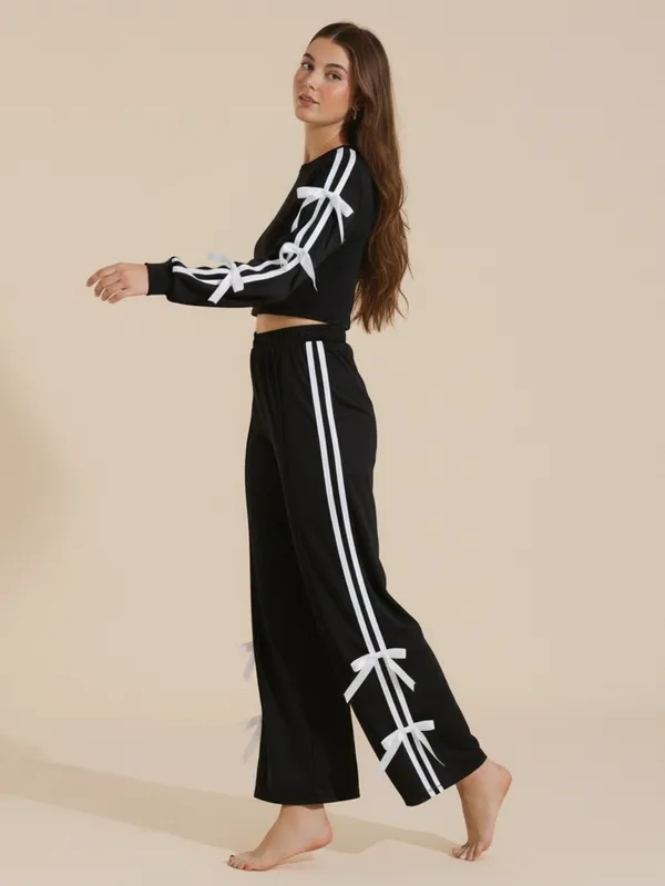 Ekeshwara_Black_Crop_Top_and_Wide-Leg_Pants_Set_with_Ribbon_Detail|_Model_Height_5.8inch_,_Fabric_All_Way_Stretchable