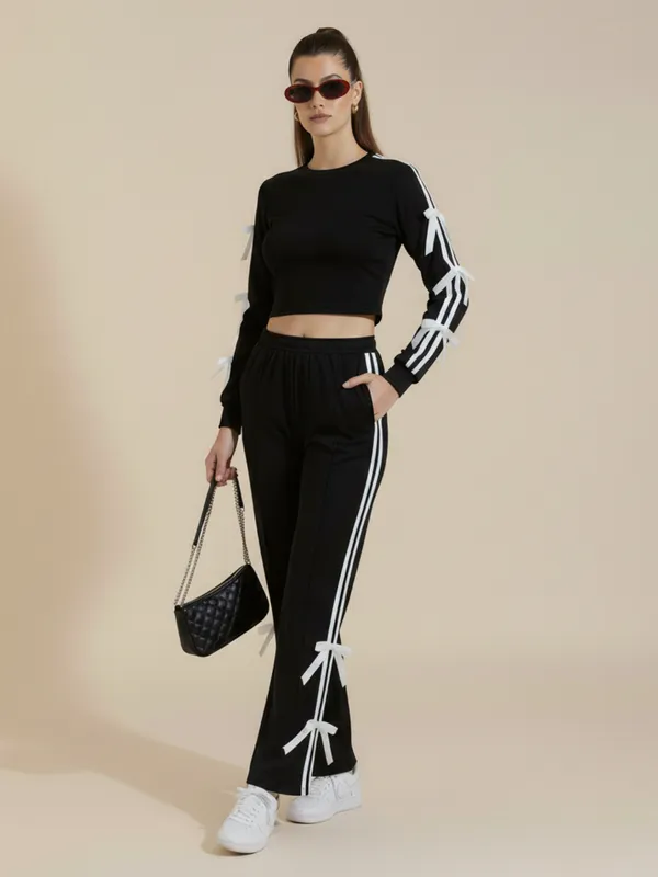 Ekeshwara_Black_Crop_Top_and_Wide-Leg_Pants_Set_with_Ribbon_Detail|_Model_Height_5.8inch_,_Fabric_All_Way_Stretchable