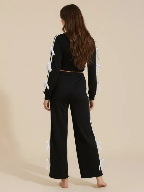 Ekeshwara_Black_Crop_Top_and_Wide-Leg_Pants_Set_with_Ribbon_Detail|_Model_Height_5.8inch_,_Fabric_All_Way_Stretchable