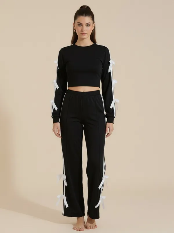 Ekeshwara_Black_Crop_Top_and_Wide-Leg_Pants_Set_with_Ribbon_Detail|_Model_Height_5.8inch_,_Fabric_All_Way_Stretchable