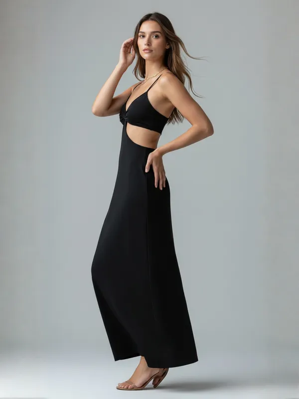 Ekeshwara_Black_Cut-Out_Maxi_Dress_with_Spaghetti_Straps|_Model_Height_5.8inch_,_Fabric_All_Way_Stretchable
