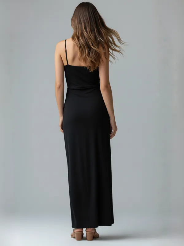 Ekeshwara_Black_Cut-Out_Maxi_Dress_with_Spaghetti_Straps|_Model_Height_5.8inch_,_Fabric_All_Way_Stretchable