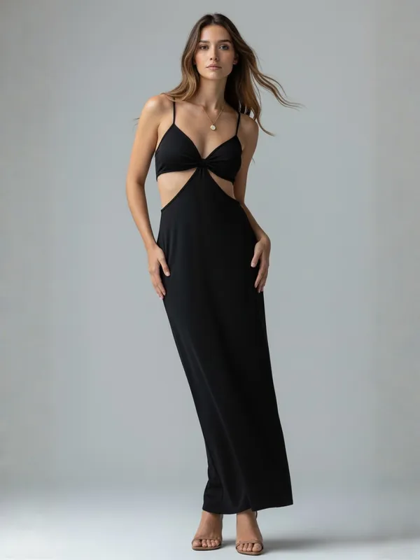 Ekeshwara_Black_Cut-Out_Maxi_Dress_with_Spaghetti_Straps|_Model_Height_5.8inch_,_Fabric_All_Way_Stretchable