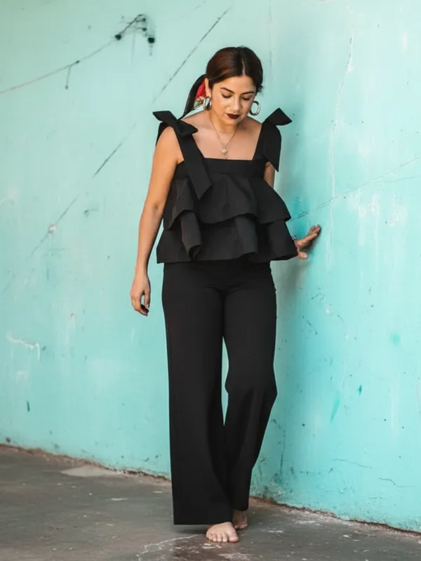 Ekeshwara_Black_Double_Ruffle_Bow_Strap_Top|_Model_Height_5.8inch_,_Fabric_All_Way_Stretchable