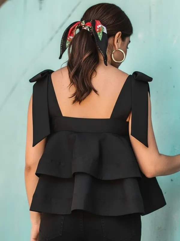Ekeshwara_Black_Double_Ruffle_Bow_Strap_Top|_Model_Height_5.8inch_,_Fabric_All_Way_Stretchable