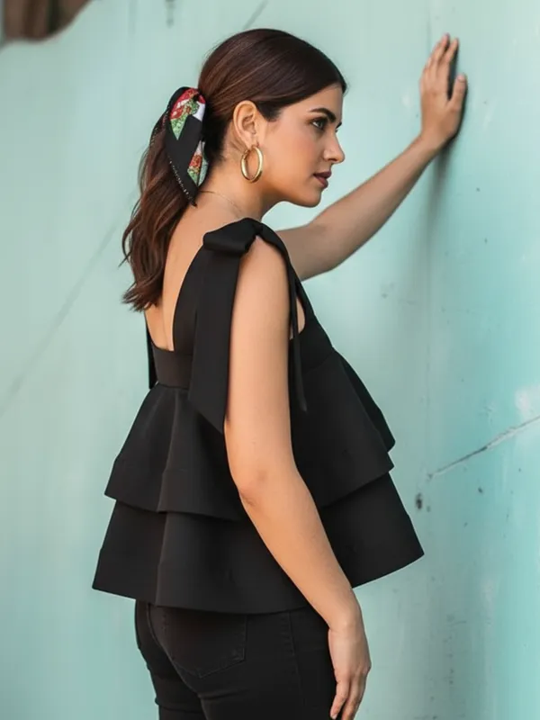 Ekeshwara_Black_Double_Ruffle_Bow_Strap_Top|_Model_Height_5.8inch_,_Fabric_All_Way_Stretchable