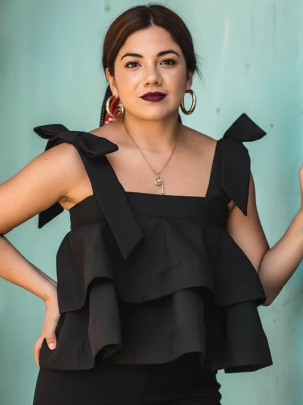 Ekeshwara_Black_Double_Ruffle_Bow_Strap_Top|_Model_Height_5.8inch_,_Fabric_All_Way_Stretchable