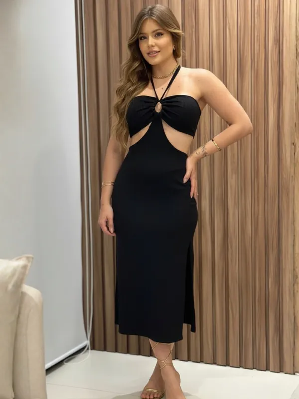 Ekeshwara_Black_Halter_Cut-Out_Bodycon_Midi_Dress|_Model_Height_5.8inch_,_Fabric_All_Way_Stretchable
