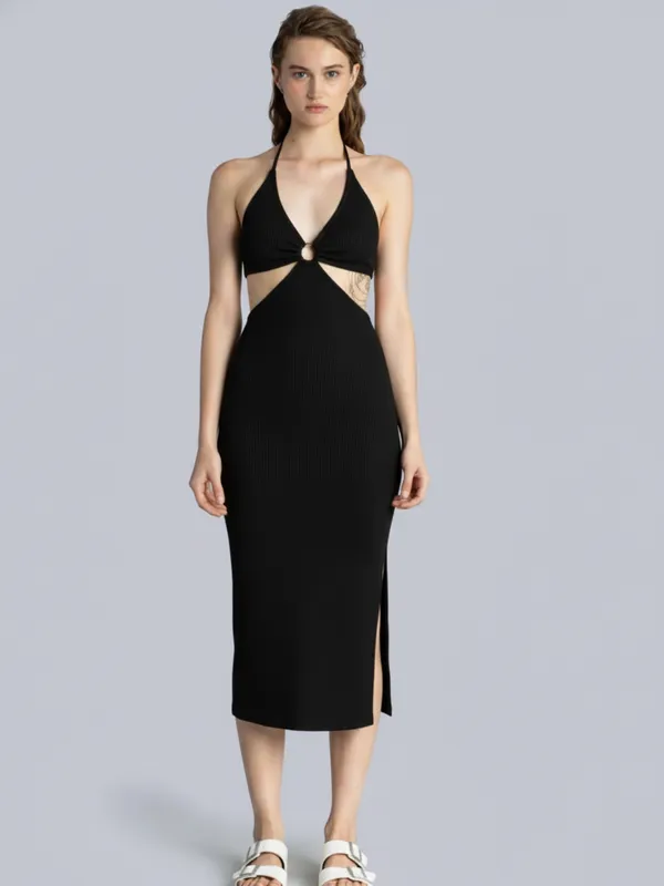 Ekeshwara_Black_Halter_Ring_Cut-Out_Bodycon_Midi_Dress|_Model_Height_5.8inch_,_Fabric_All_Way_Stretchable