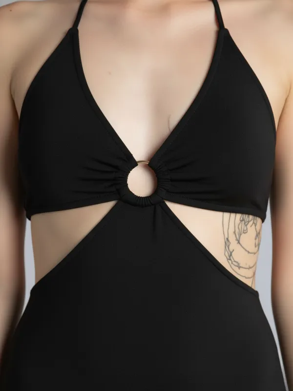 Ekeshwara_Black_Halter_Ring_Cut-Out_Bodycon_Midi_Dress|_Model_Height_5.8inch_,_Fabric_All_Way_Stretchable