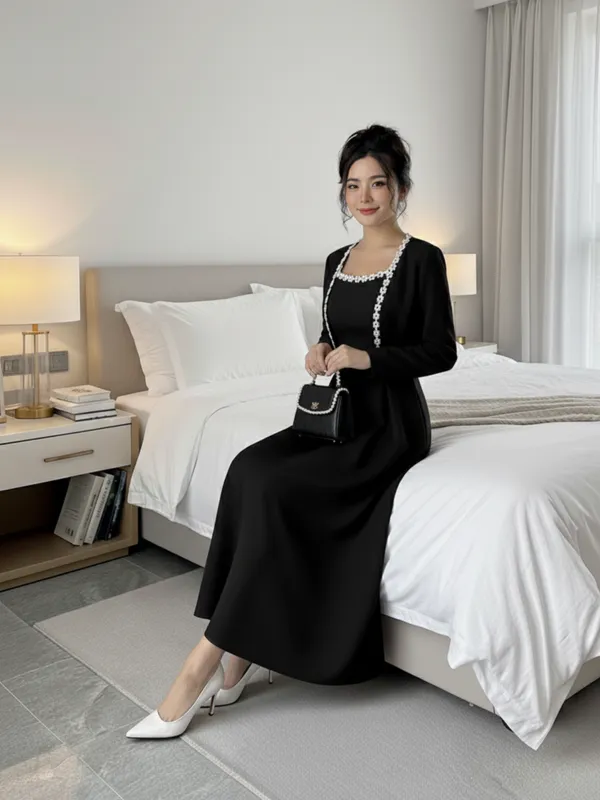 Ekeshwara_Black_Maxi_Dress_with_Pearl-Trimmed_Cape|_Model_Height_5.8inch_,_Fabric_All_Way_Stretchable
