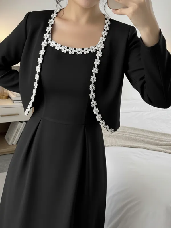 Ekeshwara_Black_Maxi_Dress_with_Pearl-Trimmed_Cape|_Model_Height_5.8inch_,_Fabric_All_Way_Stretchable