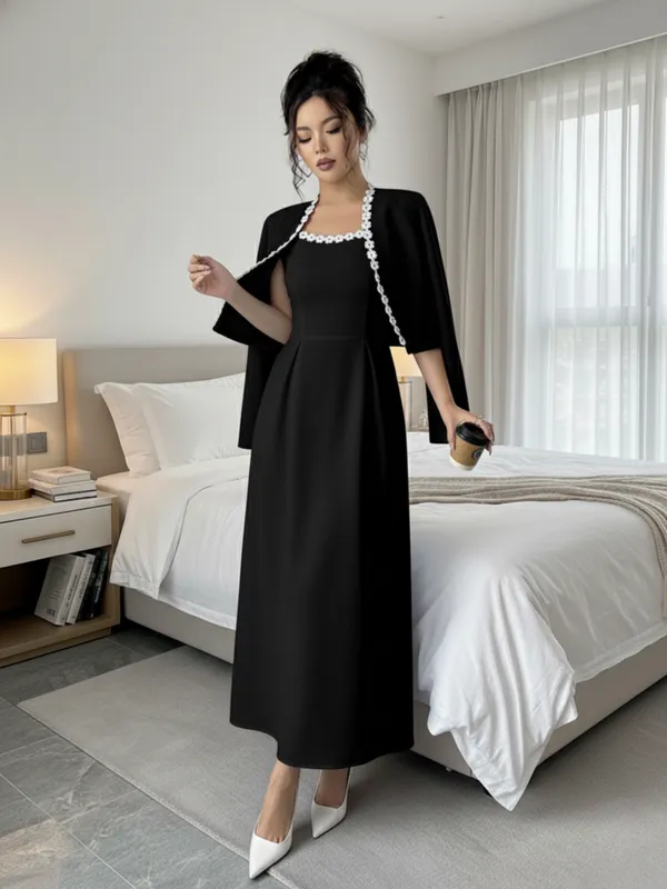 Ekeshwara_Black_Maxi_Dress_with_Pearl-Trimmed_Cape|_Model_Height_5.8inch_,_Fabric_All_Way_Stretchable