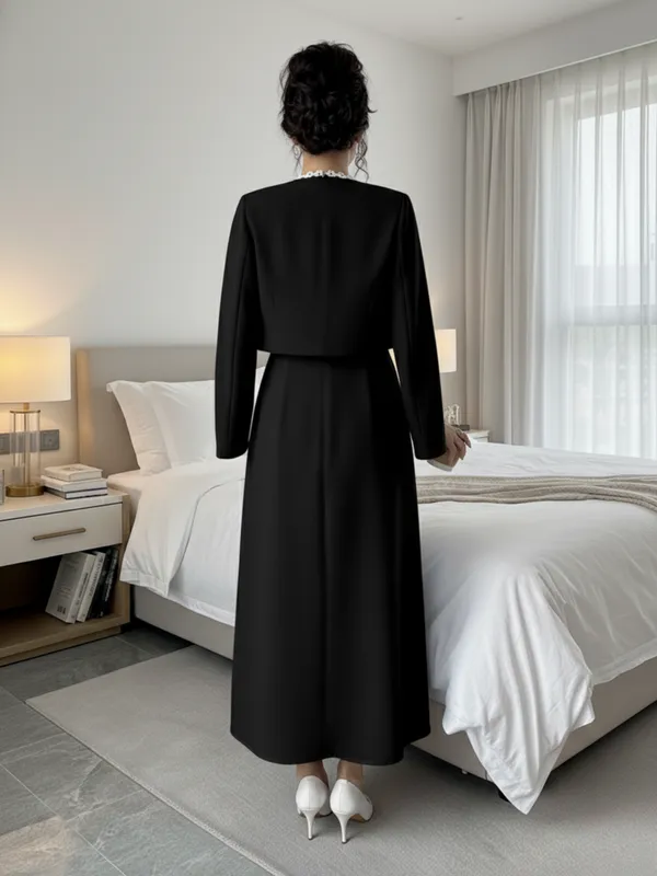 Ekeshwara_Black_Maxi_Dress_with_Pearl-Trimmed_Cape|_Model_Height_5.8inch_,_Fabric_All_Way_Stretchable