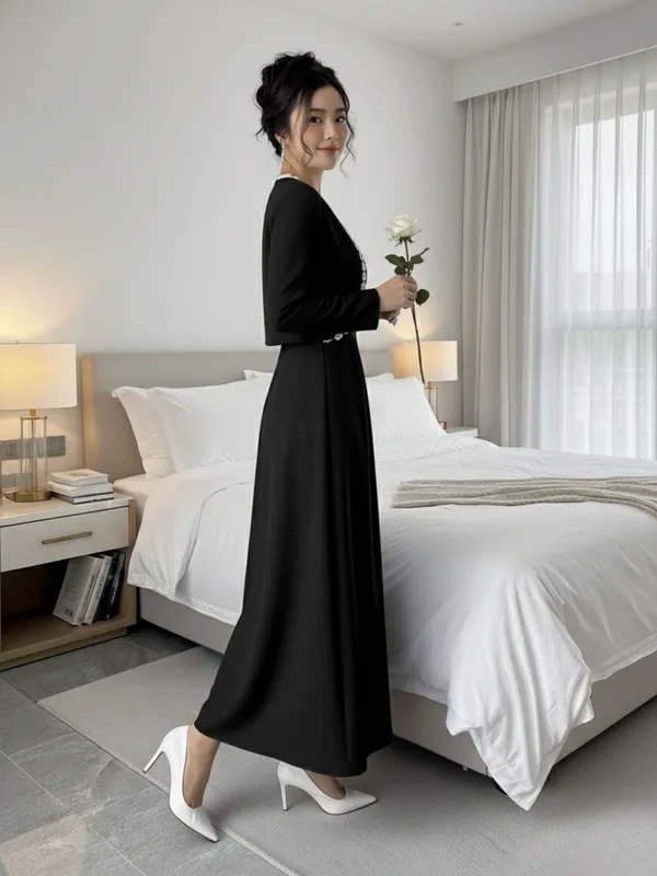 Ekeshwara_Black_Maxi_Dress_with_Pearl-Trimmed_Cape|_Model_Height_5.8inch_,_Fabric_All_Way_Stretchable