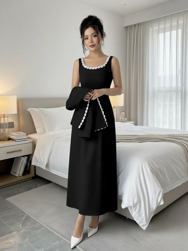 Ekeshwara_Black_Maxi_Dress_with_Pearl-Trimmed_Cape|_Model_Height_5.8inch_,_Fabric_All_Way_Stretchable