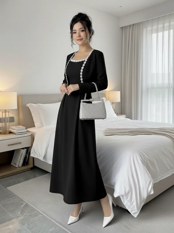 Ekeshwara_Black_Maxi_Dress_with_Pearl-Trimmed_Cape|_Model_Height_5.8inch_,_Fabric_All_Way_Stretchable