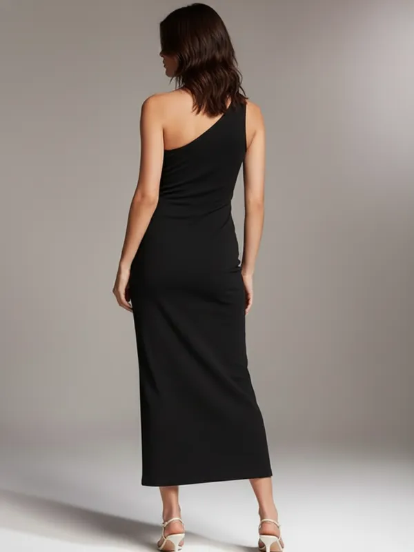 Ekeshwara_Black_One-Shoulder_Cutout_Tie_Maxi_Dress|_Model_Height_5.8inch_,_Fabric_All_Way_Stretchable