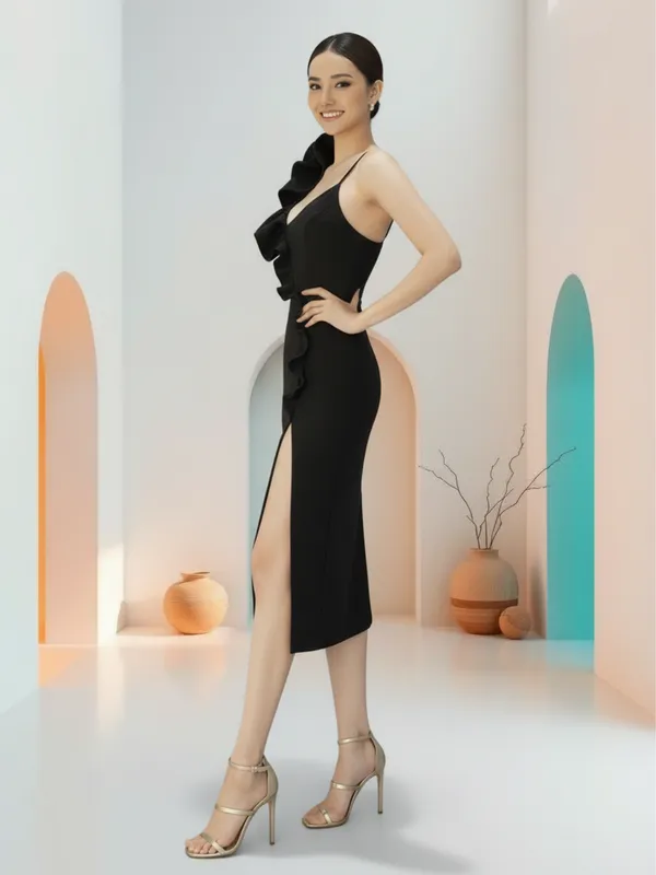 Ekeshwara_Black_One-Shoulder_Ruffle_Slit_Elegant_Dress|_Model_Height_5.8inch_,_Fabric_All_Way_Stretchable