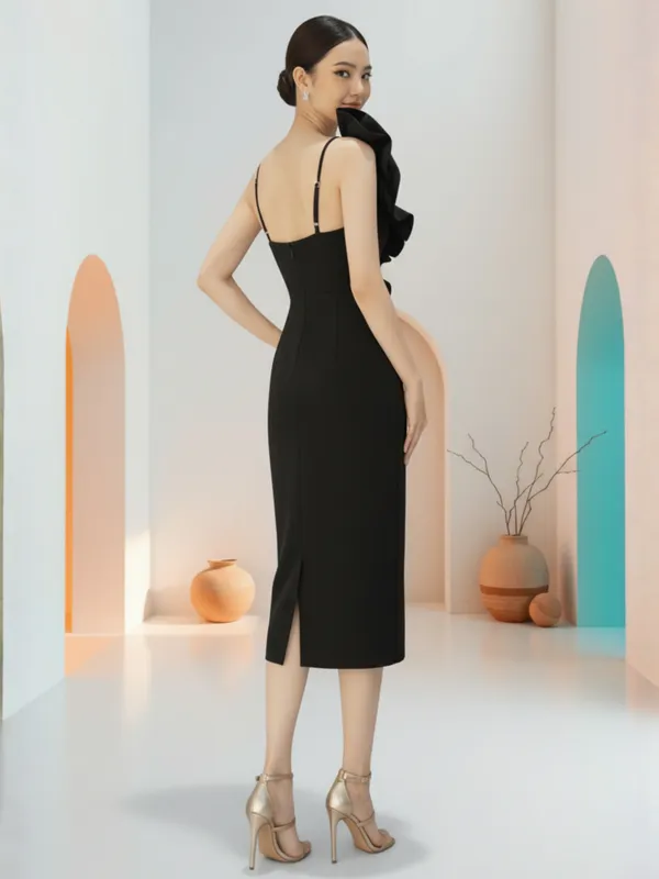 Ekeshwara_Black_One-Shoulder_Ruffle_Slit_Elegant_Dress|_Model_Height_5.8inch_,_Fabric_All_Way_Stretchable