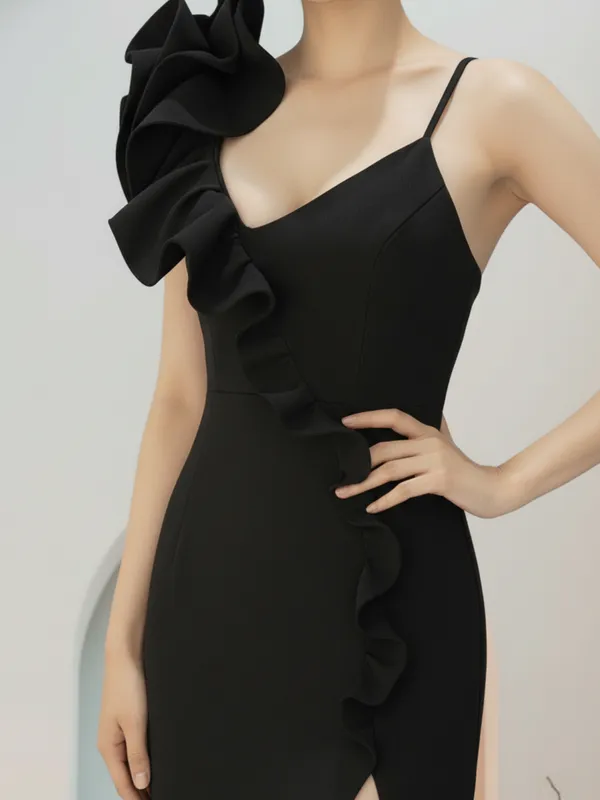 Ekeshwara_Black_One-Shoulder_Ruffle_Slit_Elegant_Dress|_Model_Height_5.8inch_,_Fabric_All_Way_Stretchable