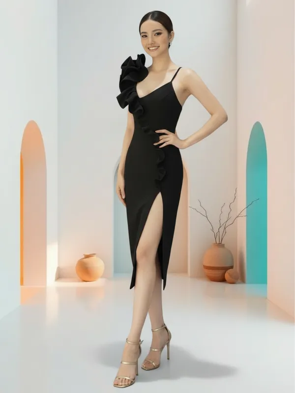 Ekeshwara_Black_One-Shoulder_Ruffle_Slit_Elegant_Dress|_Model_Height_5.8inch_,_Fabric_All_Way_Stretchable
