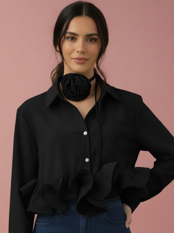 Ekeshwara_Black_Ruffle_Hem_Shirt_Top_with_Rose_Choker_Accent|_Model_Height_5.8inch_,_Fabric_All_Way_Stretchable