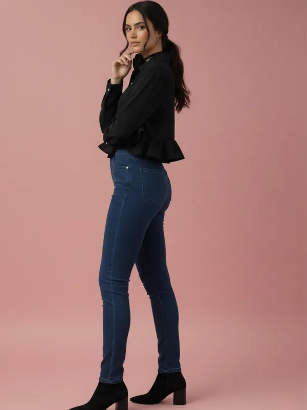 Ekeshwara_Black_Ruffle_Hem_Shirt_Top_with_Rose_Choker_Accent|_Model_Height_5.8inch_,_Fabric_All_Way_Stretchable