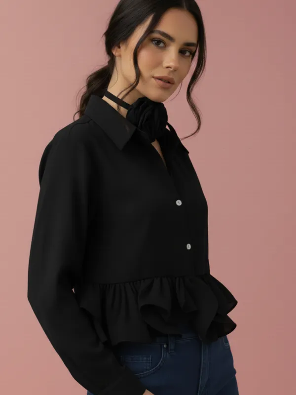 Ekeshwara_Black_Ruffle_Hem_Shirt_Top_with_Rose_Choker_Accent|_Model_Height_5.8inch_,_Fabric_All_Way_Stretchable