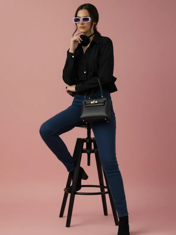 Ekeshwara_Black_Ruffle_Hem_Shirt_Top_with_Rose_Choker_Accent|_Model_Height_5.8inch_,_Fabric_All_Way_Stretchable