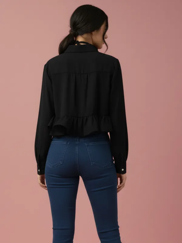 Ekeshwara_Black_Ruffle_Hem_Shirt_Top_with_Rose_Choker_Accent|_Model_Height_5.8inch_,_Fabric_All_Way_Stretchable