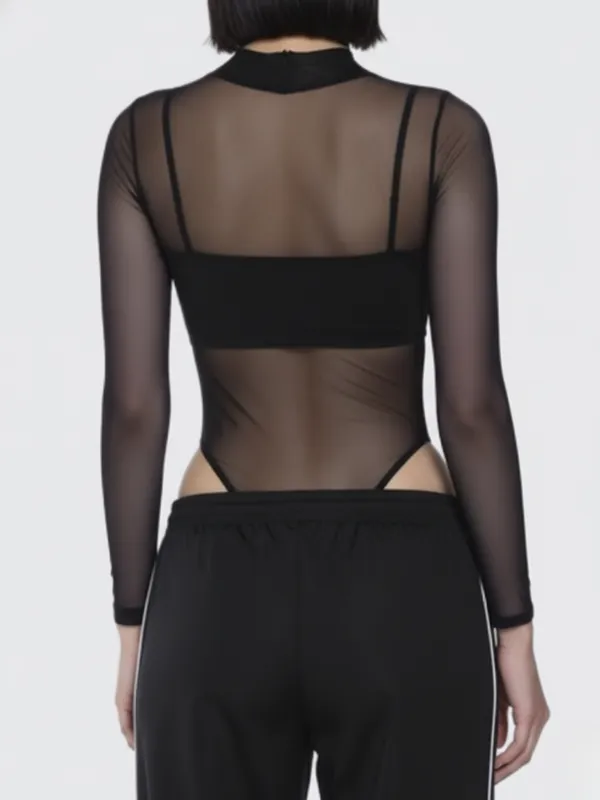 Ekeshwara_Black_Sheer_Mesh_Long_Sleeve_Bodysuit|_Model_Height_5.8inch_,_Fabric_All_Way_Stretchable