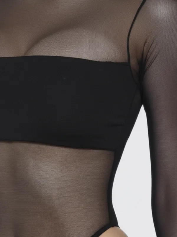 Ekeshwara_Black_Sheer_Mesh_Long_Sleeve_Bodysuit|_Model_Height_5.8inch_,_Fabric_All_Way_Stretchable