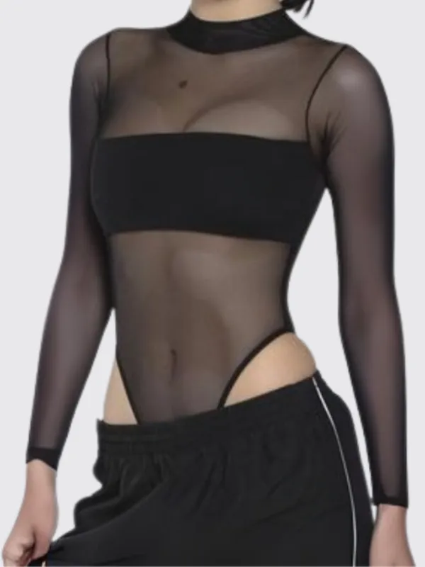 Ekeshwara_Black_Sheer_Mesh_Long_Sleeve_Bodysuit|_Model_Height_5.8inch_,_Fabric_All_Way_Stretchable