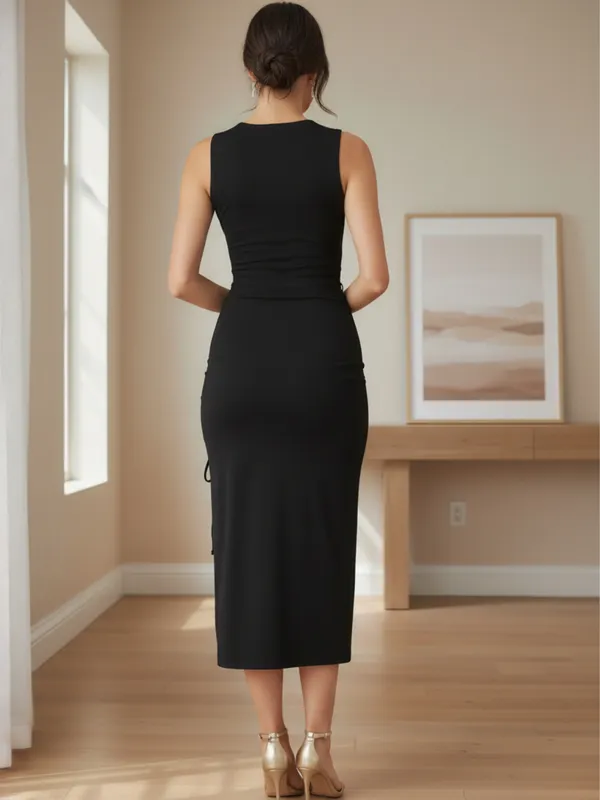 Ekeshwara_Black_Sleeveless_Cutout_Ruched_Midi_Dress_with_Side_Tie|_Model_Height_5.8inch_,_Fabric_All_Way_Stretchable