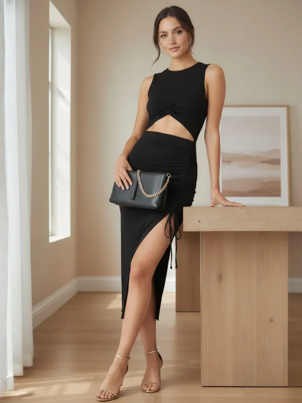 Ekeshwara_Black_Sleeveless_Cutout_Ruched_Midi_Dress_with_Side_Tie|_Model_Height_5.8inch_,_Fabric_All_Way_Stretchable