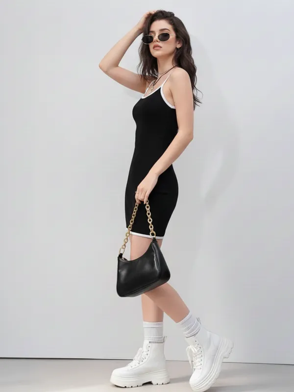 Ekeshwara_Black_Sleeveless_Mini_Bodycon_Dress_with_White_Trim|_Model_Height_5.8inch_,_Fabric_All_Way_Stretchable