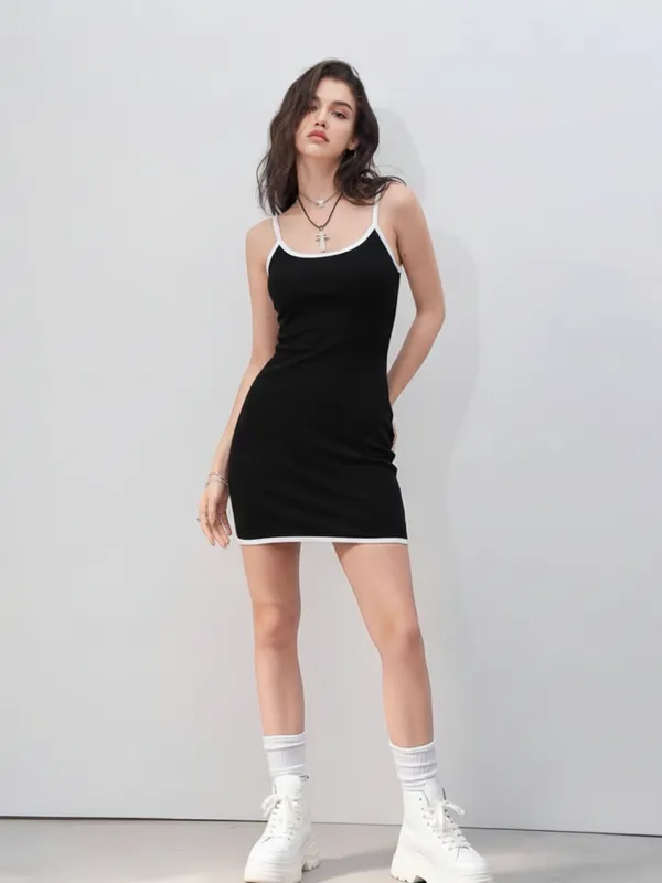 Ekeshwara_Black_Sleeveless_Mini_Bodycon_Dress_with_White_Trim|_Model_Height_5.8inch_,_Fabric_All_Way_Stretchable