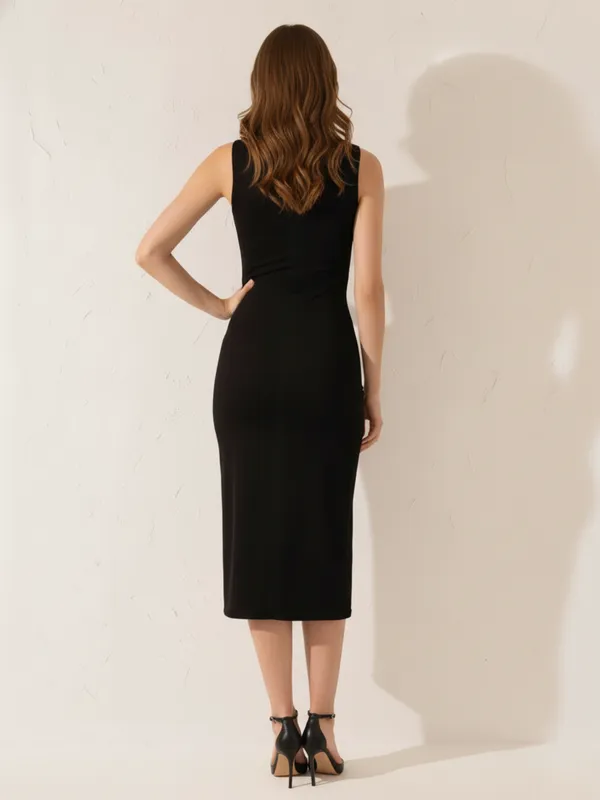 Ekeshwara_Black_Twist-Front_Cut-Out_Slit_Midi_Dress|_Model_Height_5.8inch_,_Fabric_All_Way_Stretchable