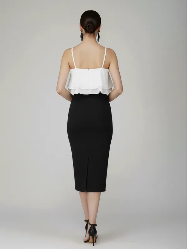 Ekeshwara_Black_&_White_Layered_Ruffle_Midi_Dress|_Model_Height_5.8inch_,_Fabric_All_Way_Stretchable
