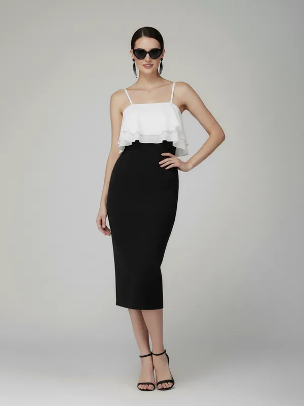 Ekeshwara_Black_&_White_Layered_Ruffle_Midi_Dress|_Model_Height_5.8inch_,_Fabric_All_Way_Stretchable