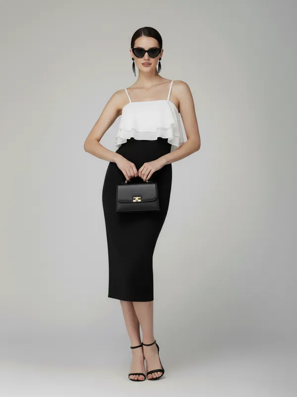 Ekeshwara_Black_&_White_Layered_Ruffle_Midi_Dress|_Model_Height_5.8inch_,_Fabric_All_Way_Stretchable
