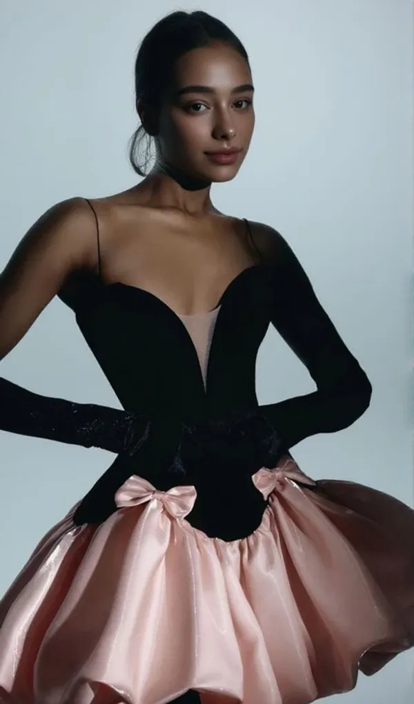 Ekeshwara_Bow-Accented_Asymmetric_Bubble_Mini_Dress_–_Velvet_Black_&_Rose_Pink|_Model_Height_5.8inch_,_Fabric_All_Way_Stretchable