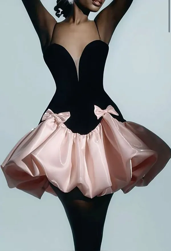 Ekeshwara_Bow-Accented_Asymmetric_Bubble_Mini_Dress_–_Velvet_Black_&_Rose_Pink|_Model_Height_5.8inch_,_Fabric_All_Way_Stretchable