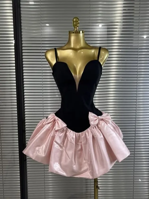 Ekeshwara_Bow-Accented_Asymmetric_Bubble_Mini_Dress_–_Velvet_Black_&_Rose_Pink|_Model_Height_5.8inch_,_Fabric_All_Way_Stretchable