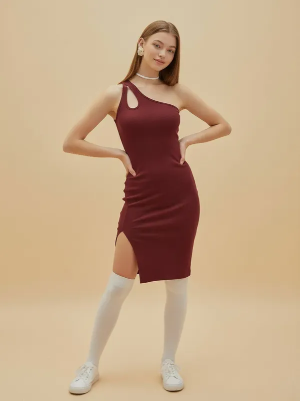 Ekeshwara_Burgundy_One-Shoulder_Cutout_Bodycon_Dress|_Model_Height_5.8inch_,_Fabric_All_Way_Stretchable