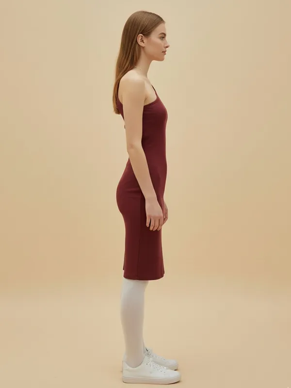 Ekeshwara_Burgundy_One-Shoulder_Cutout_Bodycon_Dress|_Model_Height_5.8inch_,_Fabric_All_Way_Stretchable