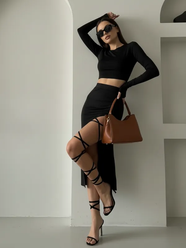 Ekeshwara_Chic_Black_High_Slit_Bodycon_Wrap_Dress_with_Strappy_Leg_Accents|_Model_Height_5.8inch_,_Fabric_All_Way_Stretchable