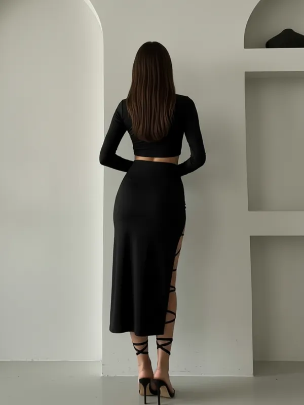Ekeshwara_Chic_Black_High_Slit_Bodycon_Wrap_Dress_with_Strappy_Leg_Accents|_Model_Height_5.8inch_,_Fabric_All_Way_Stretchable